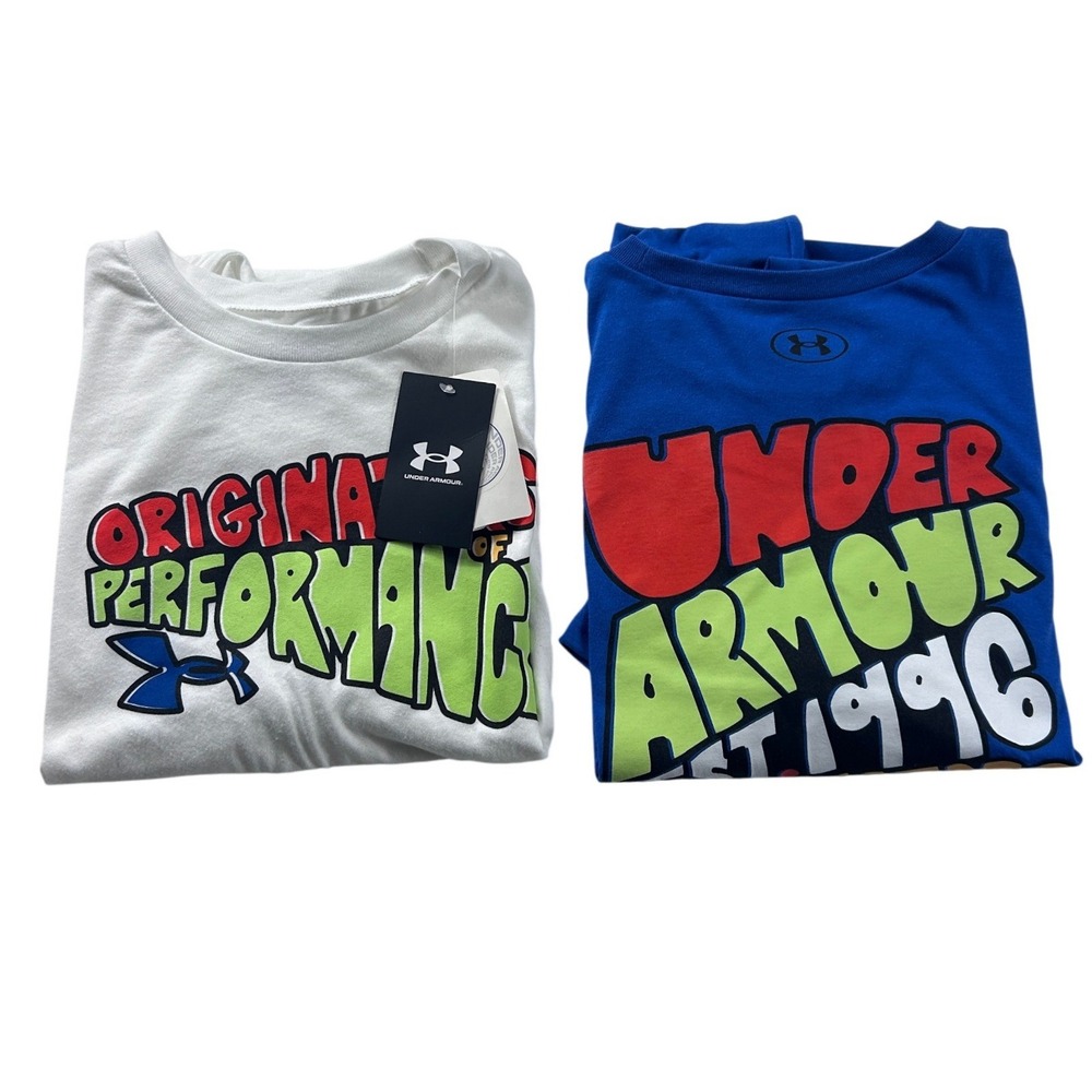 LOT 2 Under Armour Boys T Shirt Blue White Graphic Print‎ Logo Size YXL NEW